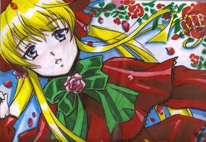 Rating: Safe Score: 0 Tags: 1girl auto_tagged blonde_hair blue_eyes bow bowtie capelet dress flower green_bow image long_hair looking_at_viewer marker_(medium) petals pink_rose rose rose_petals shinku solo upper_body User: admin