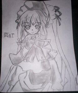 Rating: Safe Score: 0 Tags: 1girl dress greyscale image long_sleeves looking_at_viewer monochrome photo shinku simple_background smile solo traditional_media white_background User: admin