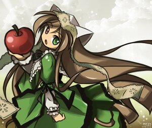 Rating: Safe Score: 0 Tags: 1girl apple brown_hair dress food frills fruit green_dress green_eyes heterochromia holding image long_hair long_sleeves looking_at_viewer open_mouth red_eyes solo suiseiseki twintails very_long_hair User: admin