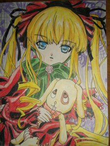 Rating: Safe Score: 0 Tags: 1girl auto_tagged blonde_hair blue_eyes bow doll dress drill_hair flower frills green_bow image long_hair long_sleeves looking_at_viewer marker_(medium) red_dress rose shikishi shinku sidelocks solo traditional_media twintails User: admin