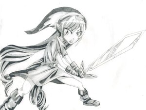 Rating: Safe Score: 0 Tags: 1girl boots dress graphite_(medium) greyscale hat image long_hair monochrome open_mouth pointy_ears solo suiseiseki sword traditional_media very_long_hair weapon User: admin
