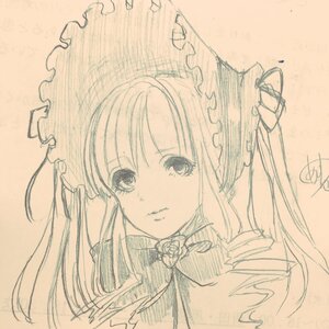 Rating: Safe Score: 0 Tags: 1girl blush bonnet closed_mouth dress drill_hair eyebrows_visible_through_hair flower frills image long_hair looking_at_viewer monochrome rose shinku signature simple_background solo traditional_media twintails upper_body User: admin