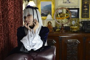 Rating: Safe Score: 0 Tags: 1girl 3d dress frills gothic_lolita hairband lolita_fashion long_hair long_sleeves realistic silver_hair sitting solo suigintou white_hair User: admin