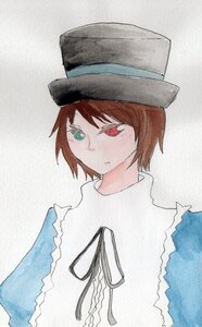 Rating: Safe Score: 0 Tags: 1girl blue_dress brown_hair closed_mouth expressionless green_eyes hat heterochromia image long_sleeves looking_at_viewer red_eyes ribbon short_hair simple_background solo souseiseki suiseiseki traditional_media upper_body User: admin