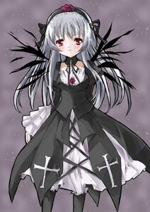 Rating: Safe Score: 0 Tags: 1girl black_dress black_legwear blush dress flower frills hairband image lolita_fashion long_hair long_sleeves looking_at_viewer red_eyes rose silver_hair solo suigintou wings User: admin