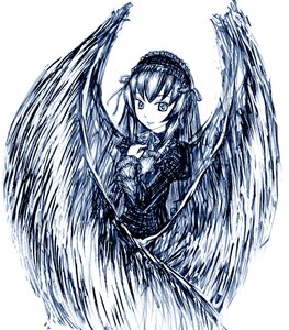 Rating: Safe Score: 0 Tags: 1girl dress frills hairband image lolita_hairband long_hair long_sleeves looking_at_viewer monochrome rose simple_background smile solo suigintou traditional_media very_long_hair white_background wings User: admin