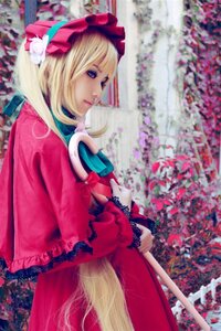 Rating: Safe Score: 0 Tags: 1girl blonde_hair blue_eyes blurry blurry_background blurry_foreground bow depth_of_field dress flower frills long_hair long_sleeves photo red_dress shinku solo User: admin