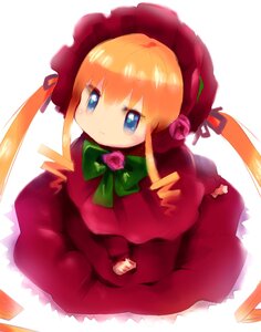 Rating: Safe Score: 0 Tags: 1girl blonde_hair blue_eyes bonnet bow bowtie dress flower green_bow hat image long_hair long_sleeves looking_at_viewer pink_flower pink_rose red_dress rose shinku simple_background solo twintails white_background User: admin