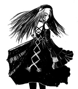 Rating: Safe Score: 0 Tags: 1girl akemi_homura bare_shoulders detached_sleeves dress elbow_gloves gloves greyscale image long_hair looking_at_viewer monochrome simple_background solo suigintou white_background User: admin
