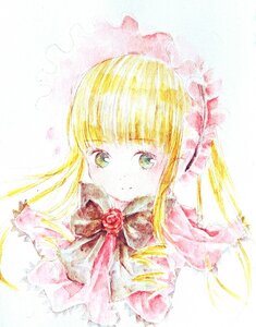 Rating: Safe Score: 0 Tags: 1girl bangs blonde_hair bow bowtie capelet closed_mouth dress eyebrows_visible_through_hair green_eyes image long_hair looking_at_viewer shinku sidelocks simple_background smile solo striped traditional_media upper_body User: admin