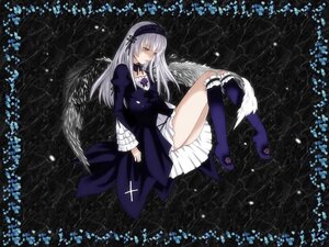 Rating: Safe Score: 0 Tags: 1girl black_wings boots dress feathers flower frills hairband image knee_boots long_hair long_sleeves looking_at_viewer ribbon silver_hair sitting solo suigintou very_long_hair wings User: admin