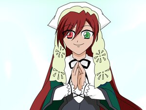 Rating: Safe Score: 0 Tags: 1girl blue_background brown_hair closed_mouth dress green_background green_eyes heterochromia image long_sleeves looking_at_viewer own_hands_together red_eyes ribbon smile solo suiseiseki upper_body User: admin