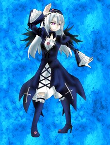 Rating: Safe Score: 0 Tags: 1girl black_wings blue_background boots dress frills hairband high_heels image long_hair long_sleeves pink_eyes silver_hair solo suigintou thigh_boots thighhighs wings User: admin