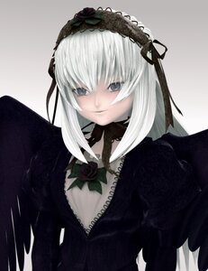 Rating: Safe Score: 0 Tags: 1girl black_dress black_ribbon closed_mouth dress flower frills gothic_lolita gradient_background hairband image lolita_fashion lolita_hairband long_sleeves looking_at_viewer rose silver_hair simple_background smile solo suigintou upper_body white_hair wings User: admin
