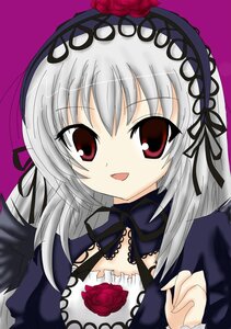 Rating: Safe Score: 0 Tags: 1girl :d auto_tagged black_wings detached_collar dress flower frills hairband image long_hair long_sleeves looking_at_viewer open_mouth purple_background red_eyes red_flower red_rose ribbon rose silver_hair simple_background smile solo suigintou upper_body wings User: admin