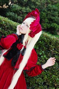 Rating: Safe Score: 0 Tags: 1girl blonde_hair bonnet dress flower long_hair long_sleeves nature outdoors red_dress rose shinku solo User: admin