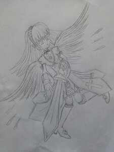 Rating: Safe Score: 0 Tags: 1girl akemi_homura dress feathered_wings full_body graphite_(medium) greyscale image kneehighs long_hair monochrome simple_background solo standing suigintou traditional_media wings User: admin