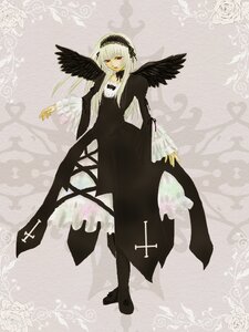 Rating: Safe Score: 0 Tags: 1girl black_wings boots dress flower frills full_body hairband image long_hair long_sleeves looking_at_viewer ribbon rose solo standing suigintou white_rose wings User: admin