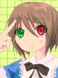 Rating: Safe Score: 0 Tags: 1girl black_bow blood bow bowtie brown_hair closed_mouth dress green_eyes image looking_at_viewer red_eyes short_hair solo souseiseki User: admin