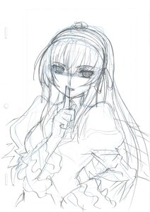 Rating: Safe Score: 0 Tags: 1girl finger_to_mouth hairband image long_hair long_sleeves looking_at_viewer monochrome shushing sketch smile solo suigintou upper_body User: admin