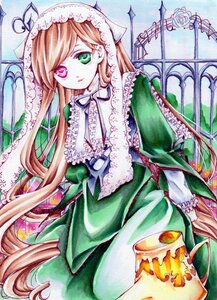 Rating: Safe Score: 0 Tags: 1girl brown_hair dress frills green_dress green_eyes heterochromia image long_hair long_sleeves looking_at_viewer red_eyes solo suiseiseki traditional_media very_long_hair watercolor_(medium) User: admin