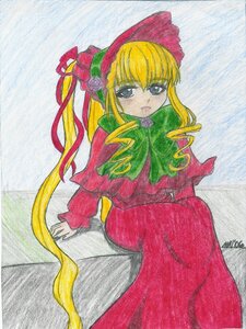 Rating: Safe Score: 0 Tags: 1girl blonde_hair blue_eyes bonnet bow bowtie dress flower green_bow image long_hair long_sleeves looking_at_viewer photo pink_rose red_dress rose shinku sidelocks sitting solo traditional_media twintails User: admin