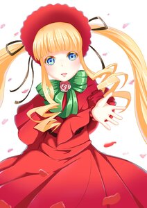 Rating: Safe Score: 0 Tags: 1girl bangs blonde_hair blue_eyes bonnet bow bowtie capelet dress drill_hair flower green_bow image long_hair long_sleeves looking_at_viewer open_mouth petals red_dress rose rose_petals shinku sidelocks solo twintails white_background User: admin