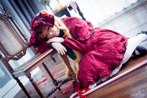 Rating: Safe Score: 0 Tags: 1girl artist_name blonde_hair braid closed_eyes dress lolita_fashion long_hair red_dress shinku shoes sitting solo User: admin