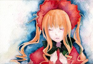 Rating: Safe Score: 0 Tags: 1girl blonde_hair bonnet closed_eyes dress flower hat image long_hair long_sleeves lying on_back rose shinku sidelocks solo traditional_media User: admin