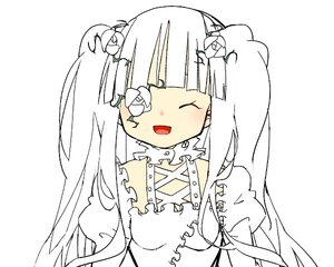 Rating: Safe Score: 0 Tags: 1girl :d blush closed_eyes detached_collar dress flower hair_flower hair_ornament image kirakishou long_hair monochrome open_mouth simple_background smile solo twintails upper_body white_background User: admin