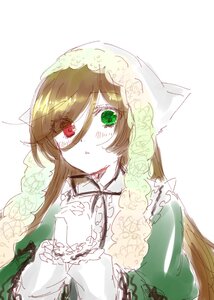 Rating: Safe Score: 0 Tags: 1girl bangs blush brown_hair diagonal_stripes dress eyebrows_visible_through_hair frills green_dress green_eyes heterochromia image long_hair long_sleeves looking_at_viewer puffy_sleeves red_eyes simple_background solo striped striped_background suiseiseki upper_body vertical_stripes very_long_hair white_background User: admin