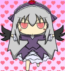 Rating: Safe Score: 0 Tags: 1girl black_wings chibi dress flower frills hairband heart heart_background image long_hair long_sleeves pink_eyes rose silver_hair solo spoken_heart suigintou wings User: admin