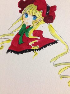 Rating: Safe Score: 0 Tags: 1girl blonde_hair blue_eyes bonnet bow bowtie dress flower full_body green_bow green_neckwear hat image long_hair long_sleeves looking_at_viewer red_dress rose shinku simple_background solo User: admin