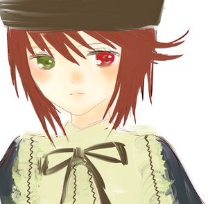 Rating: Safe Score: 0 Tags: 1girl black_ribbon blush closed_mouth green_eyes hat image looking_at_viewer neck_ribbon red_eyes ribbon short_hair simple_background solo souseiseki upper_body white_background User: admin