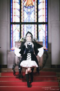 Rating: Safe Score: 0 Tags: 1girl black_footwear boots dress full_body indoors long_hair long_sleeves solo stained_glass standing suigintou watermark User: admin