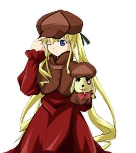Rating: Safe Score: 0 Tags: 1girl blonde_hair blue_eyes dress hat image long_hair long_sleeves one_eye_closed red_dress shinku simple_background solo stuffed_animal twintails very_long_hair User: admin