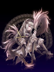 Rating: Safe Score: 0 Tags: 1girl boots dress frills full_body hairband image knee_boots long_hair long_sleeves red_eyes silver_hair sitting solo suigintou very_long_hair weapon wings User: admin