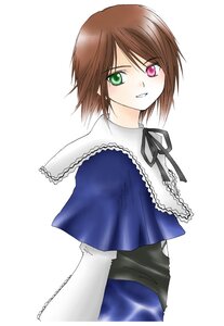 Rating: Safe Score: 0 Tags: black_ribbon blue_dress brown_hair capelet dress frills green_eyes heterochromia image long_sleeves looking_at_viewer red_eyes ribbon simple_background smile solo souseiseki white_background User: admin