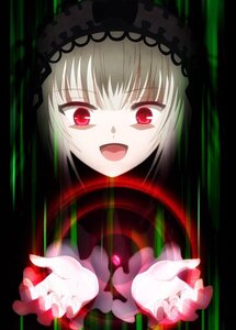 Rating: Safe Score: 0 Tags: 1girl :d dress eyebrows_visible_through_hair flower hairband image long_hair looking_at_viewer open_mouth outstretched_hand red_eyes red_rose rose silver_hair simple_background smile solo suigintou User: admin