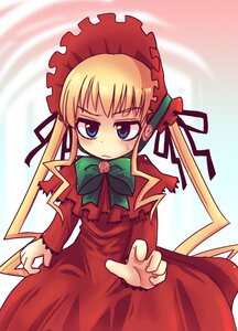 Rating: Safe Score: 0 Tags: 1girl blonde_hair blue_eyes bonnet bow bowtie cowboy_shot dress flower green_bow green_neckwear image long_hair long_sleeves looking_at_viewer red_dress shinku sidelocks solo twintails User: admin