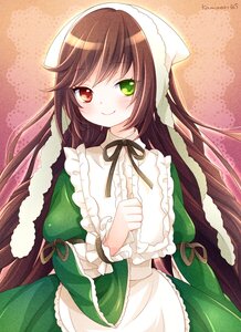 Rating: Safe Score: 0 Tags: 1girl black_ribbon blush brown_hair closed_mouth dress frills green_dress green_eyes head_scarf heterochromia image long_hair long_sleeves looking_at_viewer neck_ribbon red_eyes ribbon smile solo suiseiseki very_long_hair wide_sleeves User: admin