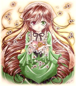 Rating: Safe Score: 0 Tags: 1girl auto_tagged brown_hair dress drill_hair flower frills green_dress green_eyes hat head_scarf heterochromia image long_hair long_sleeves looking_at_viewer petals red_eyes ringlets smile solo suiseiseki traditional_media twin_drills very_long_hair User: admin