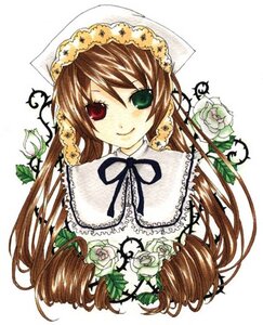 Rating: Safe Score: 0 Tags: 1girl auto_tagged black_ribbon brown_hair dress flower frills green_eyes hat head_scarf heterochromia image long_hair long_sleeves looking_at_viewer red_eyes ribbon rose simple_background smile solo suiseiseki upper_body white_background User: admin