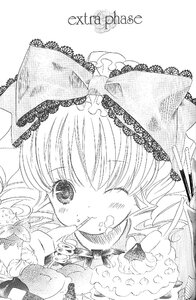 Rating: Safe Score: 0 Tags: 1girl blush bow eating food greyscale hinaichigo image lace monochrome one_eye_closed solo strawberry traditional_media User: admin