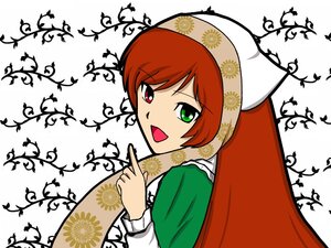 Rating: Safe Score: 0 Tags: 1girl :d dress green_dress green_eyes head_scarf heterochromia image index_finger_raised long_sleeves looking_at_viewer open_mouth red_eyes smile solo suiseiseki User: admin