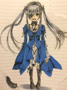 Rating: Safe Score: 0 Tags: 1girl costume_switch dress eyepatch green_eyes image lolita_fashion long_hair long_sleeves open_mouth smile solo striped striped_legwear traditional_media twintails vertical_stripes User: admin