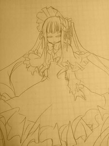 Rating: Safe Score: 0 Tags: 1girl bow closed_eyes dress frills image long_hair long_sleeves monochrome shinku solo traditional_media User: admin