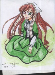 Rating: Safe Score: 0 Tags: 1girl :p artist_name brown_hair corset dress frills gothic_lolita green_dress green_eyes heterochromia image lolita_fashion long_hair long_sleeves looking_at_viewer red_eyes signature simple_background solo suiseiseki tongue tongue_out traditional_media very_long_hair User: admin
