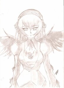 Rating: Safe Score: 0 Tags: 1girl akuma_homura bare_shoulders black_wings dress elbow_gloves feathered_wings flower hairband image long_hair looking_at_viewer monochrome signature simple_background sketch solo suigintou traditional_media white_background wings User: admin