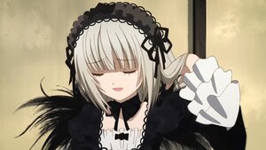 Rating: Safe Score: 0 Tags: 1girl :d black_dress black_ribbon closed_eyes detached_collar dress gothic_lolita hairband image lolita_fashion lolita_hairband long_hair long_sleeves open_mouth ribbon silver_hair smile solo suigintou User: admin